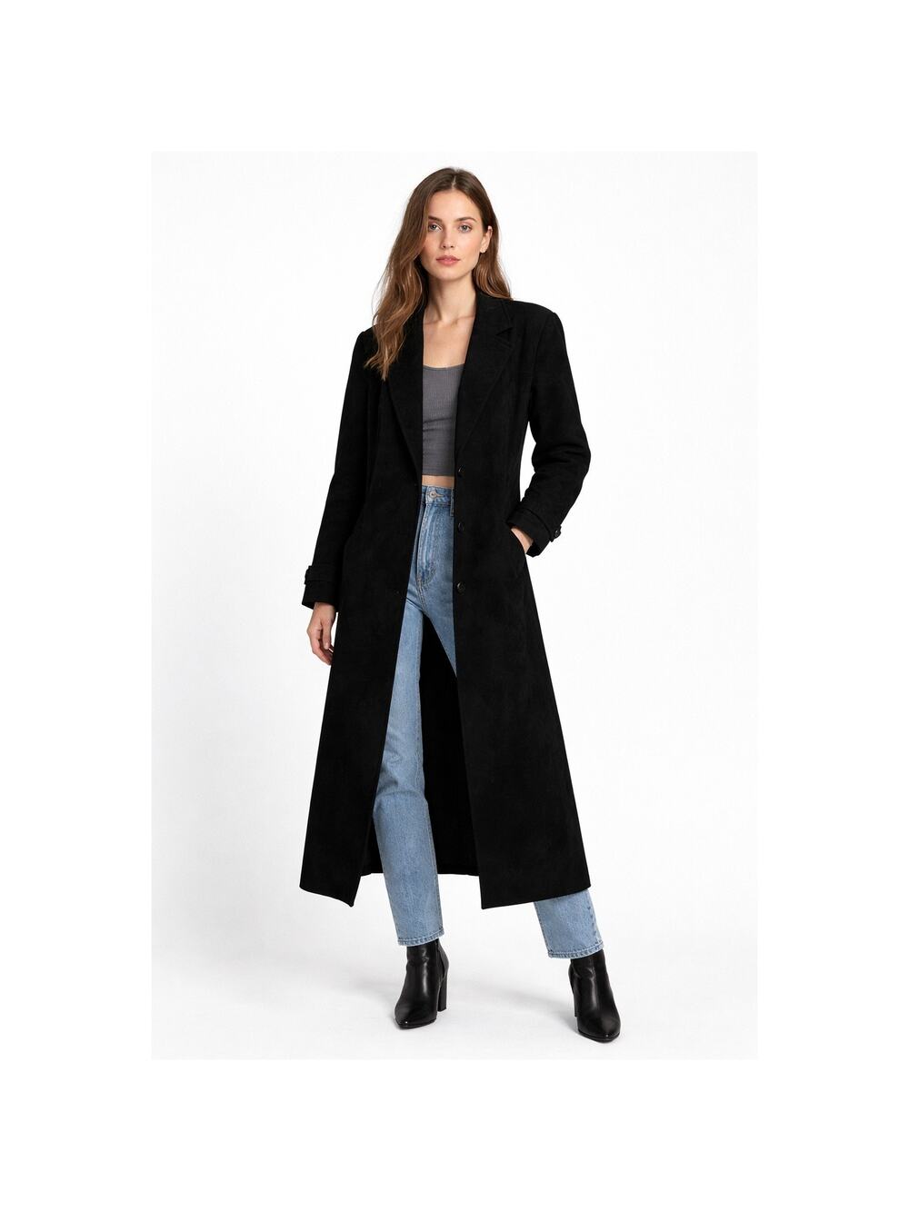 1990s Split End Ltd Black Suede Leather Full Length Coat Minimalist Classic M